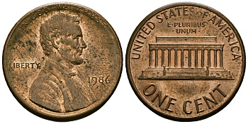 США 1 цент 1986 Линкольн KM 201b цинк плакированный медью 4136-322