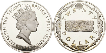 Британские Виргинские острова 20 долларов 1985 золотой брусок KM 56 серебро  PROOF 00-00