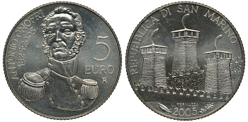 Сан-Марино 5 евро 2005 R, Антонио Онофри KM 468 серебро UNC 02-070-45