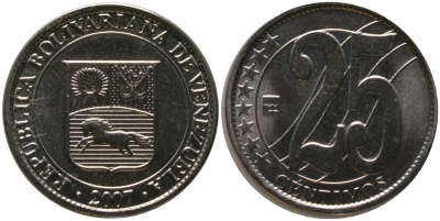 Венесуэла 25 сентимо 2007 KM 91, Schon 104 сталь плакированная никелем 4576-916