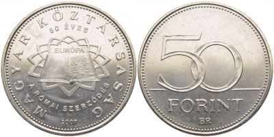 ВЕНГРИЯ 50 ФОРИНТОВ 2007 50 ЛЕТ РИМСКОМУ ДОГОВОРУ KM 805 медно-никель UNC 113-1154
