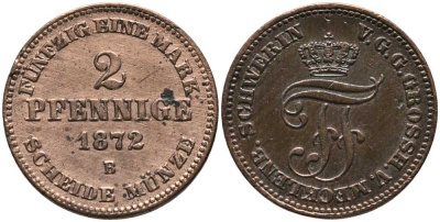 Мекленбург-Шверин 2 пфеннига 1872 В, Фридрих Франц II (1842-1883) KM 316 (С103), AKS 49, J.61 медь 116-666