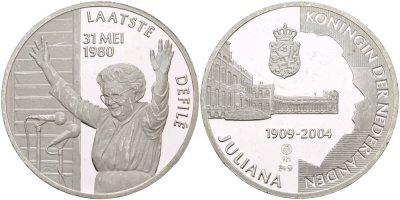НИДЕРЛАНДЫ МЕДАЛЬ ND СЕРИЯ ЮЛИАНА КОРОЛЕВА НИДЕРЛАНДОВ (1909-2004), ПОСЛЕДНЕЕ ОБРАЩЕНИЕ БЕАТРИКС 30 МАЯ 1980 ГОДА, ДИАМЕТР 38 ММ., ВЕС 25 ГР., ПРОБА 925 серебро PROOF 1088-5-34