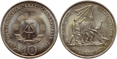 ГДР 10 марок 1972 A, мемориал Бухенвальда KM 38, J. 1539 медно-никель aUNC 1523-122