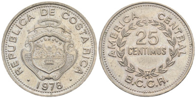 Коста-Рика 25 сентимо 1978 KM 188.1, Schoen 43 медно-никель 4116-936