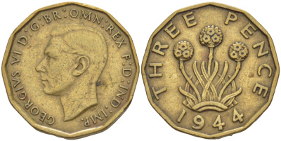 Великобритания 3 пенса 1944 Георг VI (1936-1952) KM 849, Spink 4112 никель латунь 83-644