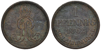 Ганновер 1 пфенниг 1862 B, Георг V KM 233, AKS 156, J. 90 медь 4594-554