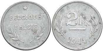БЕЛЬГИЯ 2 ФРАНКА 1944 BELGIQUE-BELGIE KM 133 сталь покрытая цинком 206-234