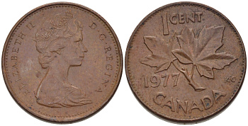 Канада 1 цент 1977 Елизавета II (1952-2022), кленовый лист KM 59.1 бронза 4608-427