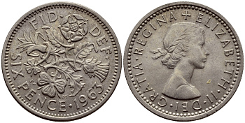 Великобритания 6 пенсов 1963 Елизавета II (1952-2022) KM 903, Spink 4149 медно-никель 75-1021