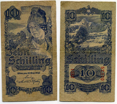 АВСТРИЯ 10 ШИЛЛИНГОВ 1945 29 МАЯ 1945, ВТОРОЙ ВЫПУСК Pick 115 бумага VF 444-134-1