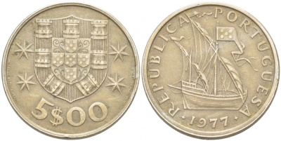 ПОРТУГАЛИЯ 5 ЭСКУДО 1977 ПАРУСНИК KM 591 медно-никель 77-412