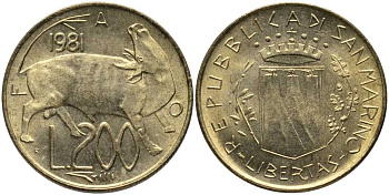 Сан-Марино 200 лир 1981 FAO, бык KM 123 алюминиевая бронза UNC 113-554