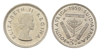 ЮАР 3 пенса 1959 Елизавета II (1952-2022) KM 47 серебро UNC 4547-1141