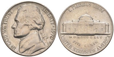 США 5 ЦЕНТОВ 1970 D, ДЖЕФФЕРСОН KM А192 медно-никель 106-351