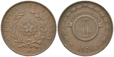 Парагвай 	1 сентесимо 1870 KM 2 медь 4616-314