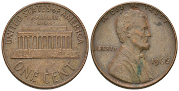 США 1 цент 1966 Линкольн KM 201 медь цинк 4567-947