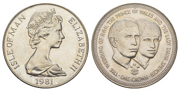 Остров Мэн 1 крона 1981 Свадьба Принца Чарльза и Леди Дианы, портреты KM 82 медно-никель BU 1083-5-33