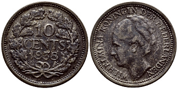 Нидерланды 10 центов 1938 Вильгельмина I (1890-1948) KM 163 серебро 46-647