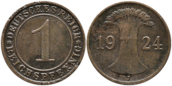 ГЕРМАНИЯ 1 РЕЙХСПФЕННИГ 1924 J KM 37, J.313 бронза 4385-661