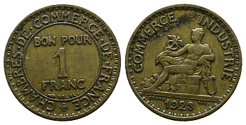 ФРАНЦИЯ 1 ФРАНК 1923 CHAMBRES DE COMMERCE KM 876, LE FRANC 218.5 алюминиевая бронза 261-923