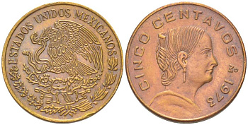 Мексика 5 сентаво 1973 Мо, Жозефа Ортис де Домингес, FLAT TOP 3 KM 427 латунь 4519-642