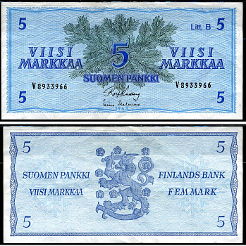 Финляндия 5 марок 1963 Pick 106Aa(27) бумага 3295-35-2-2