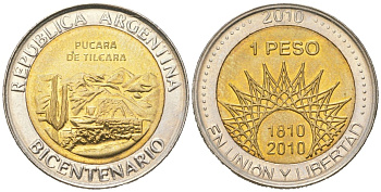Аргентина 1 песо 2010 200 лет Аргентине - развалины крепости Пукара около г. Тилькара KM 159 биметалл UNC 4620-647