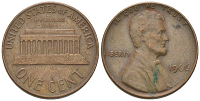 США 1 цент 1966 Линкольн KM 201 медь цинк 4567-947