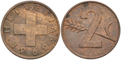 Швейцария 2 раппена 1969 KM 47 бронза 4592-624