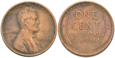 США 1 ЦЕНТ 1935 ЛИНКОЛЬН KM 132 бронза 3309-428