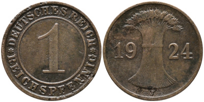 ГЕРМАНИЯ 1 РЕЙХСПФЕННИГ 1924 J KM 37, J.313 бронза 4385-661