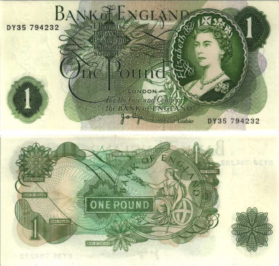 АНГЛИЯ 1 ФУНТ 1970-1977 ПОДПИСЬ J.B. PAGE Pick 374g бумага UNC (ПРЕСС) 7214-1-4-1