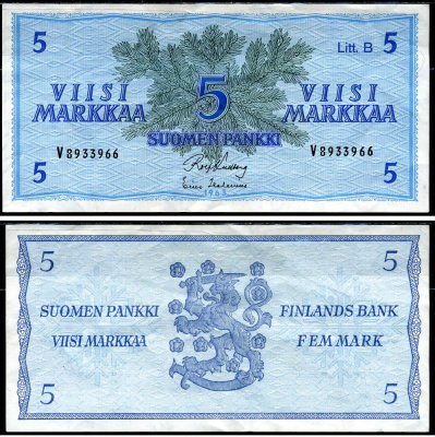 Финляндия 5 марок 1963 Pick 106Aa(27) бумага 3295-35-2-2