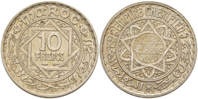 МАРОККО 10 ФРАНКОВ 1947 АН1366, Mohammed V (1927-1962), ФРАНЦУЗСКИЙ ПРОТЕКТОРАТ KM 44 медно-никель 4526-434