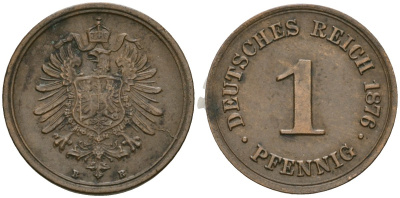 Германия 1 пфенниг 1876 B, Вильгельм I (1871-1888) KM 1, J. 1 медь 4602-1265