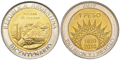 Аргентина 1 песо 2010 200 лет Аргентине - развалины крепости Пукара около г. Тилькара KM 159 биметалл UNC 4620-647