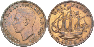 Великобритания 1/2 пенни 1946 Георг VI (1936-1952) KM 844, Spink 4115 бронза 65-441