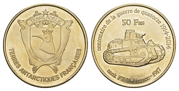 Французские Южные и Антарктические Территории (Земля Адели) 50 франков 2014 танки Первой Мировой войны Рено FT 17 - Франция 1917 медно-никель BU 1521-1641