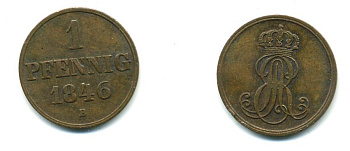 Ганновер 1 пфенниг 1846 A, Эрнст Август (1837-1851) KM 201.2, AKS 130, J. 74 медь 35-959