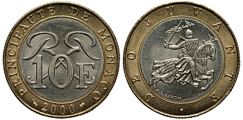 Монако 10 франков 2000 Ренье III (1949-2005) KM 163 биметалл 1530-745