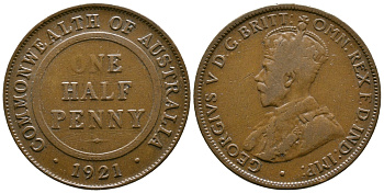 АВСТРАЛИЯ 1/2 ПЕННИ 1921 ГЕОРГ V KM 22 бронза 4384-157