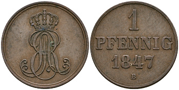 Ганновер 1 пфенниг 1847 B, Эрнст Август (1837-1851) KM 201.1, AKS 129, J. 74 медь 08-1347