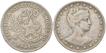 Бразилия 200 реалов 1901 MCMI, голова свободы вправо KM 504 медно-никель 4612-331