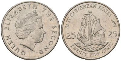 Восточные Карибы 25 центов 2007 KM 38 медно-никель aUNC 4620-145
