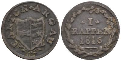 Швейцария, Аргау 1 раппен 1816 KM 15 серебро 54-1034
