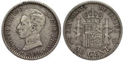 Испания 50 сентимо 1904 Альфонсо XIII (1886-1931), год-тип KM 723 серебро     4567-122