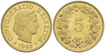 Швейцария 5 раппенов 1983 KM 26c алюминиевая бронза 188-365