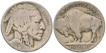 США 5 центов 1920 индеец, бизон KM 134 медно-никель 4614-1038
