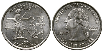 США 25 центов = квотер 2000 Р, серия штаты США, Массачусетс KM 305 медь плакированная медно-никелем 56-314